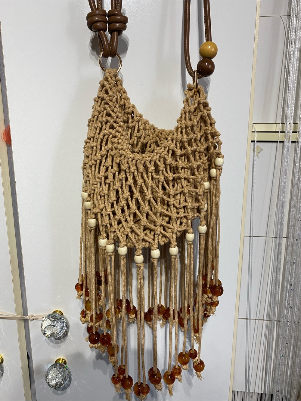 Beaded Boho Macramé Fringe Crossbody Bag in Tan